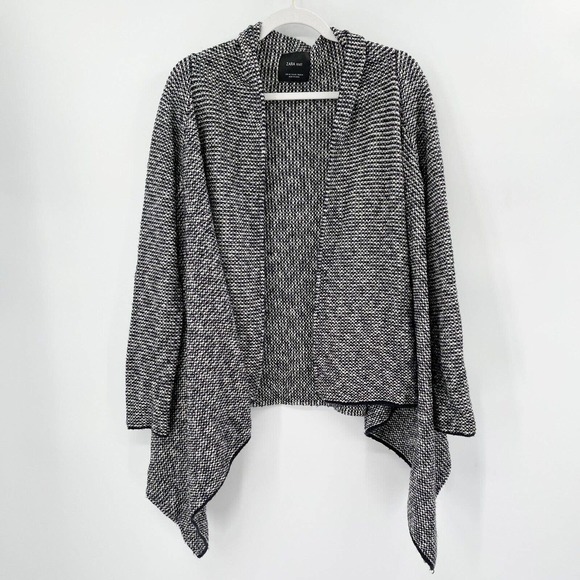 Zara Knit Tweed Waterfall Cardigan Sweater Sz M Black White Open Front Long Slv - Picture 1 of 10